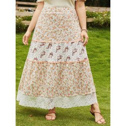 Plus Size Calico Lace Patchwork Skirt
