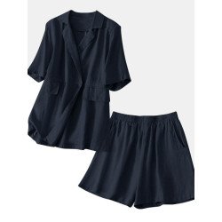 Solid Elastic Waist Pocket Lapel Two Pieces Suit