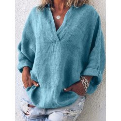 Women Solid Johnny Collar Cotton 3/4 Sleeve Blouse