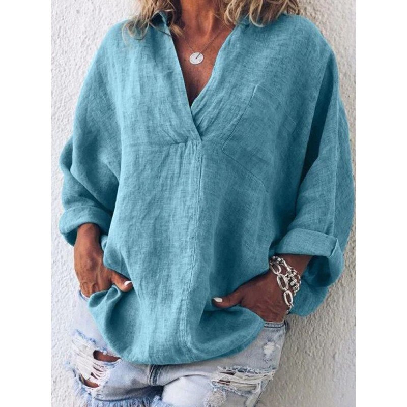 Women Solid Johnny Collar Cotton 3/4 Sleeve Blouse