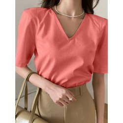 Solid V-neck Short Sleeve Casual Blouse For Women