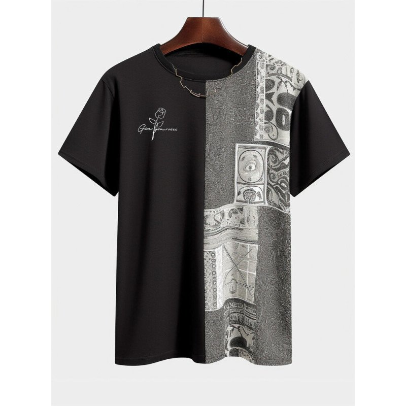 Mens Rose Tribal Pattern Patchwork Ethnic Short Sleeve T-Shirts