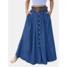 Solid Button Pocket Ruch Casual Maxi Skirt