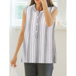 Women Striped Stand Collar Half Button Sleeveless Tank Top