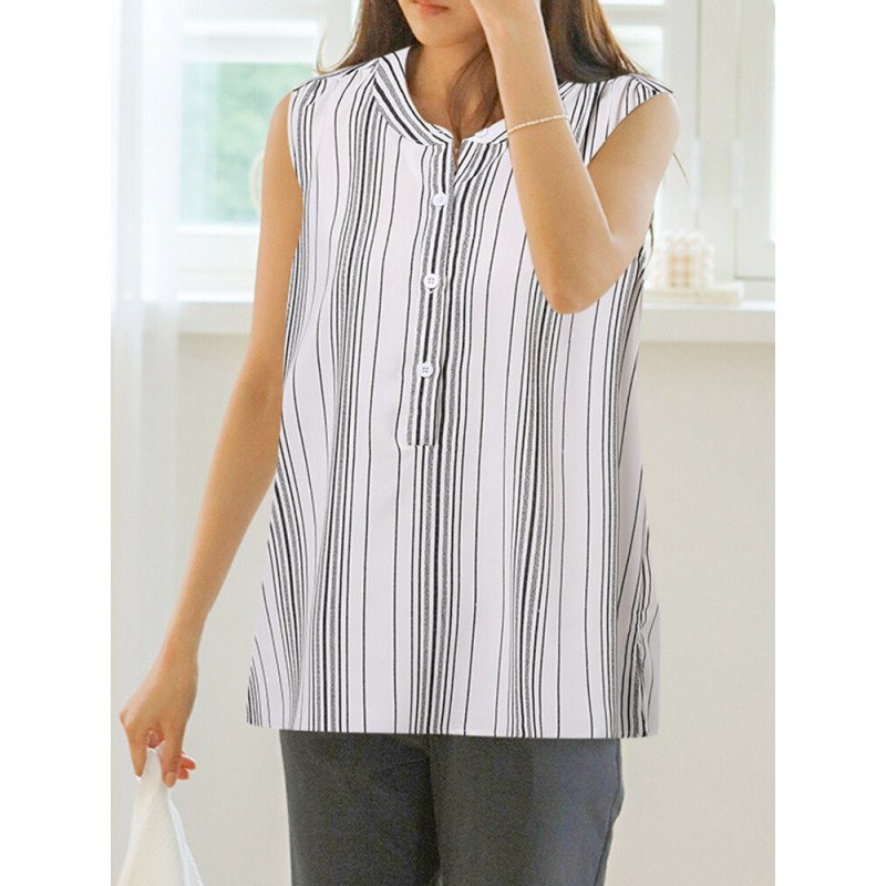 Women Striped Stand Collar Half Button Sleeveless Tank Top