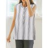 Women Striped Stand Collar Half Button Sleeveless Tank Top