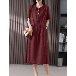 Solid Short Sleeve Lapel Pocket Button Vintage Dress