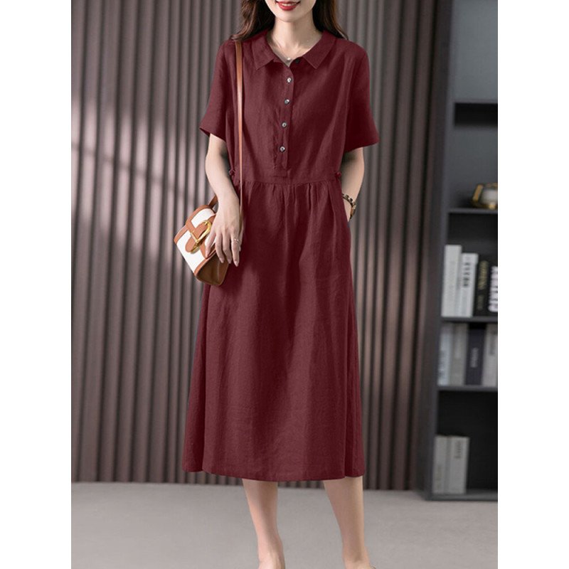 Solid Short Sleeve Lapel Pocket Button Vintage Dress