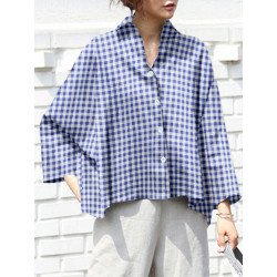 Check Print Long Sleeve Lapel Loose Button Down Shirt