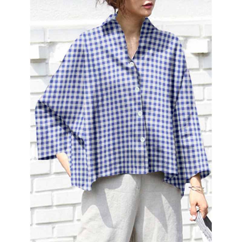 Check Print Long Sleeve Lapel Loose Button Down Shirt