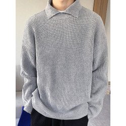 Mens Lapel Solid Color Pullover Knitting Sweater