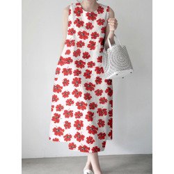 Women Allover Floral Print Crew Neck Sleeveless Dress