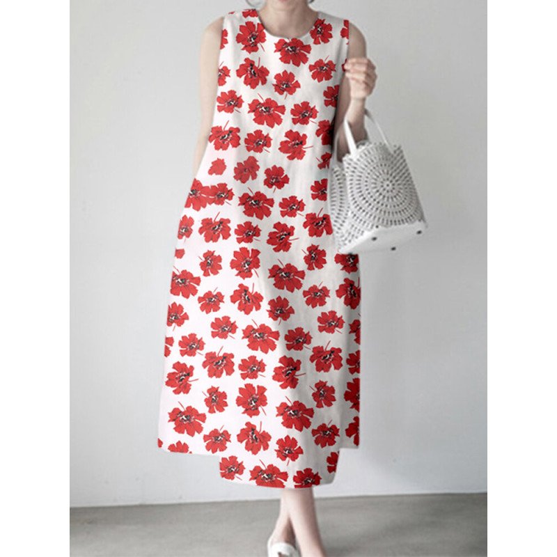 Women Allover Floral Print Crew Neck Sleeveless Dress