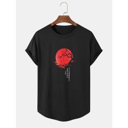 Mens Sunset Landscape Japanese Print Curved Hem Short Sleeve T-Shirts