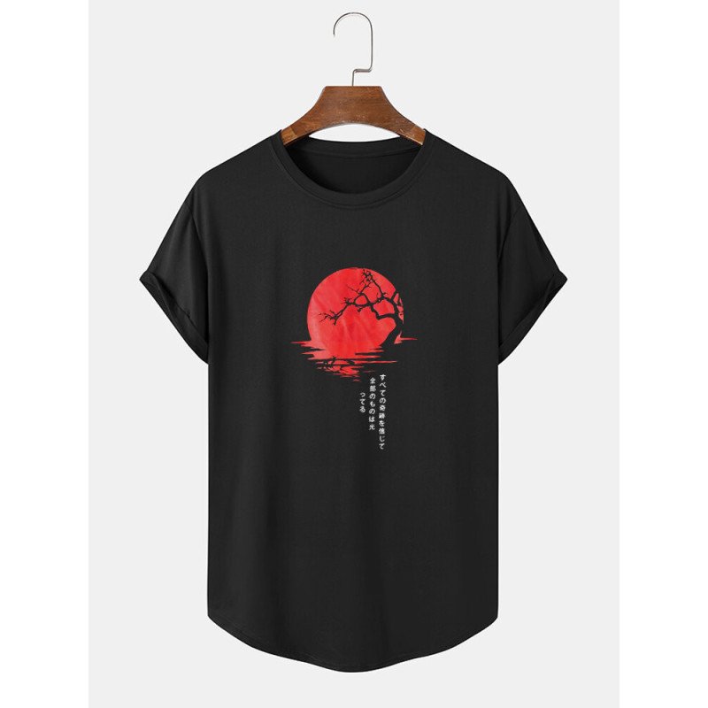 Mens Sunset Landscape Japanese Print Curved Hem Short Sleeve T-Shirts