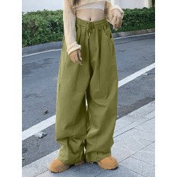 Women Solid Seam Detail Drawstring Waist Wide Leg Pants