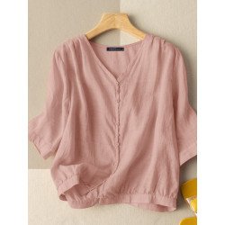Solid V-Neck Button Front 3/4 Sleeve Cotton Blouse