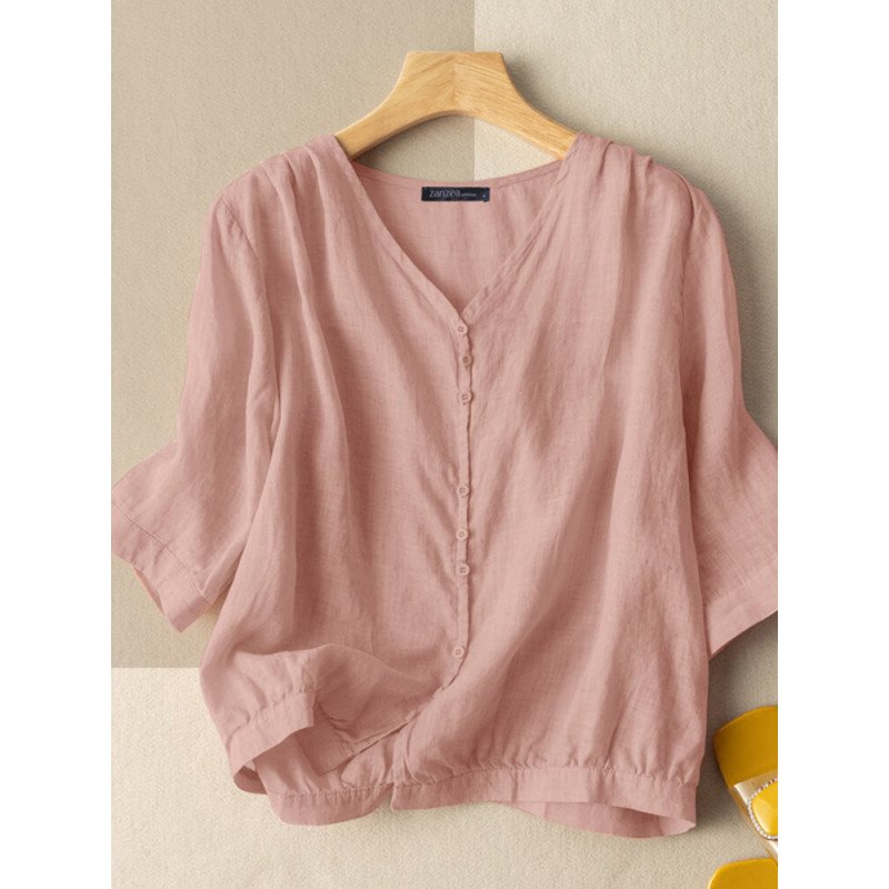 Solid V-Neck Button Front 3/4 Sleeve Cotton Blouse