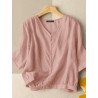 Solid V-Neck Button Front 3/4 Sleeve Cotton Blouse