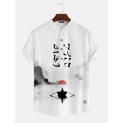 Mens Chinese Landscape Ink Painting Half Button Henley Shirts