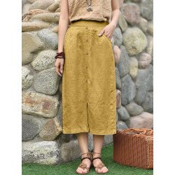 Women Solid Slit Hem Pocket Button Deco Skirt