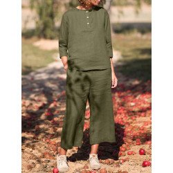Solid Button Pocket Cotton Casual Two Pieces Suit