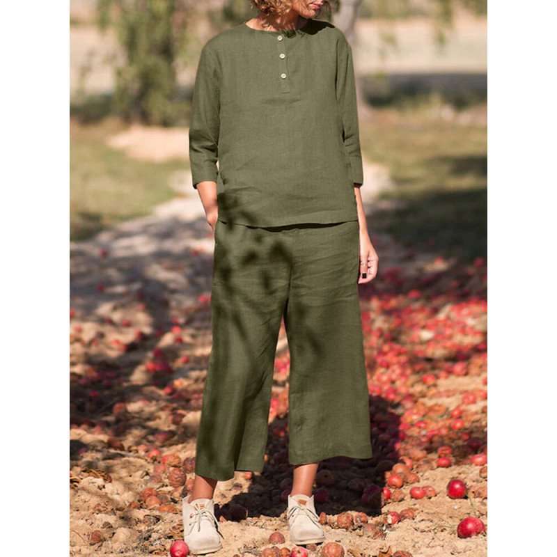 Solid Button Pocket Cotton Casual Two Pieces Suit