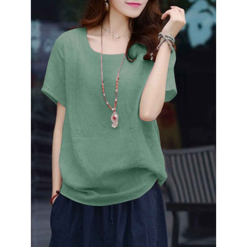 Women Solid Short Sleeve Crew Neck Casual Blouse