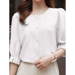 Solid Button Front Half Sleeve Crew Neck Women Blouse