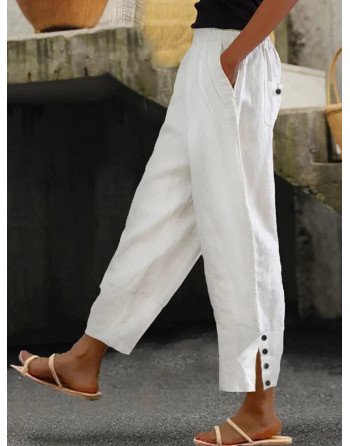 Women Solid Side Split Button Cuff Cotton Cropped Pants