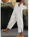 Women Solid Side Split Button Cuff Cotton Cropped Pants