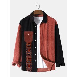 Mens Ethnic Geometric Patchwork Flap Pocket Corduroy Long Sleeve Shirts