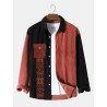 Mens Ethnic Geometric Patchwork Flap Pocket Corduroy Long Sleeve Shirts