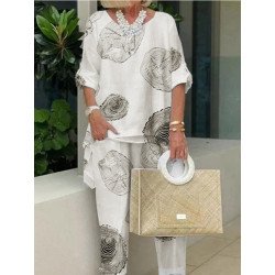 Women Print Long Sleeve Crew Neck Two Pieces Suit