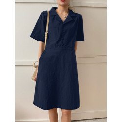 Solid Lapel Casual Pocket Short Sleeve Women Dress