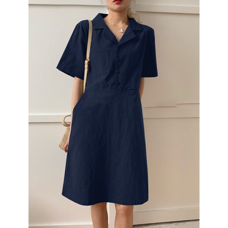 Solid Lapel Casual Pocket Short Sleeve Women Dress