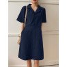 Solid Lapel Casual Pocket Short Sleeve Women Dress