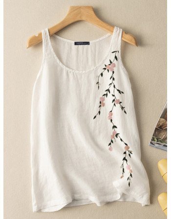 Women Floral Embroidered Crew Neck Cotton Sleeveless Tank Top