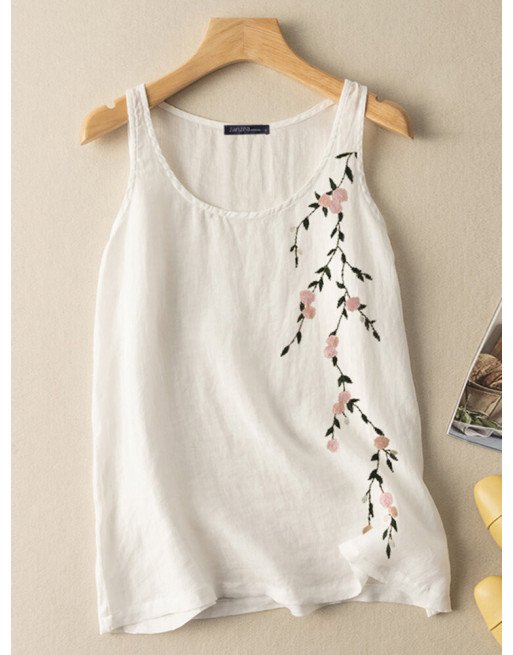 Women Floral Embroidered Crew Neck Cotton Sleeveless Tank Top
