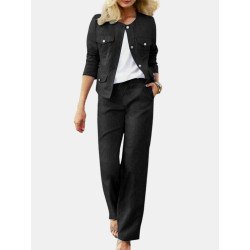 Solid Button Long Sleeve Pocket Two Pieces Suit