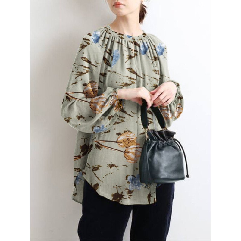 Flower Print O-neck Lantern Sleeve Vintage Loose Blouse