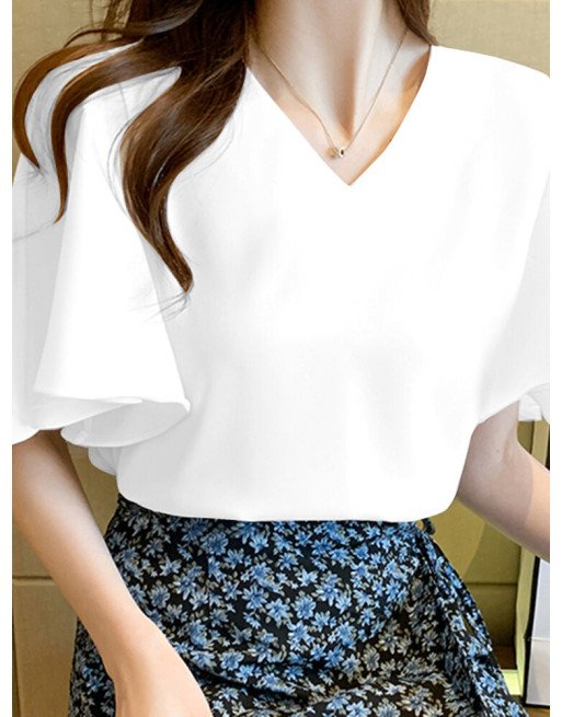 Ruffle Sleeve Solid V-neck Blouse For Women