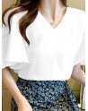 Ruffle Sleeve Solid V-neck Blouse For Women