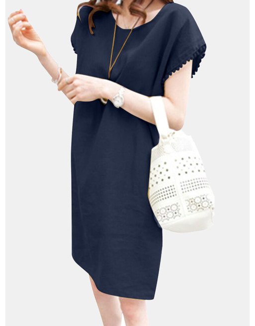 Solid Crew Neck Short Sleeve Loose Dress For Women