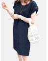 Solid Crew Neck Short Sleeve Loose Dress For Women