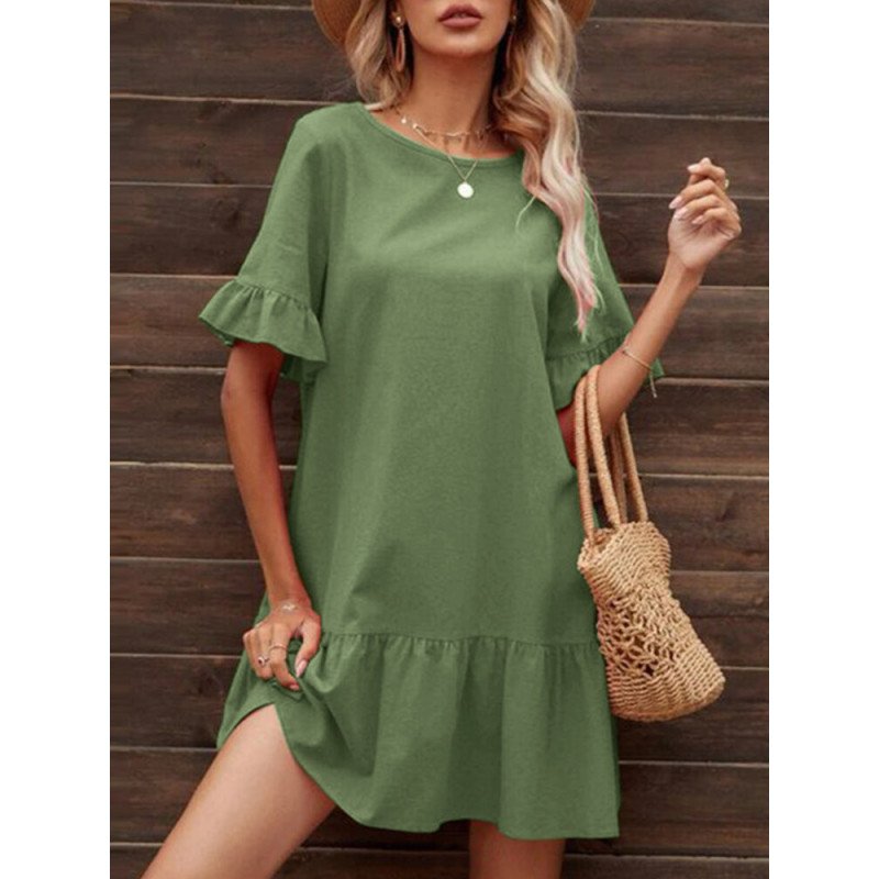 Women Solid Crew Neck Cotton Ruffle Sleeve Dress