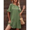 Women Solid Crew Neck Cotton Ruffle Sleeve Dress