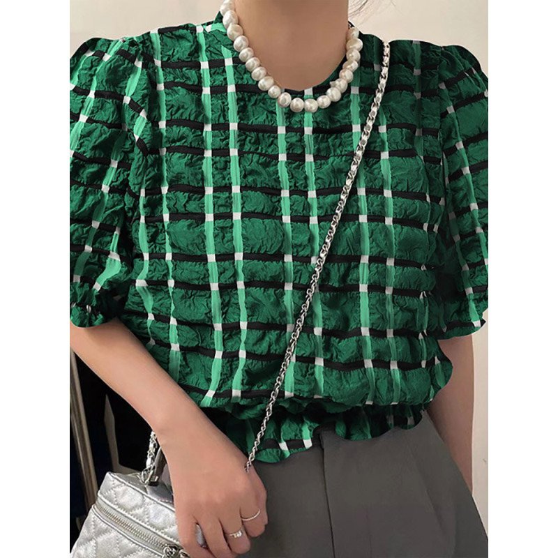 Check Pattern Puff Sleeve Textured Crew Neck Blouse