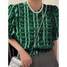 Check Pattern Puff Sleeve Textured Crew Neck Blouse