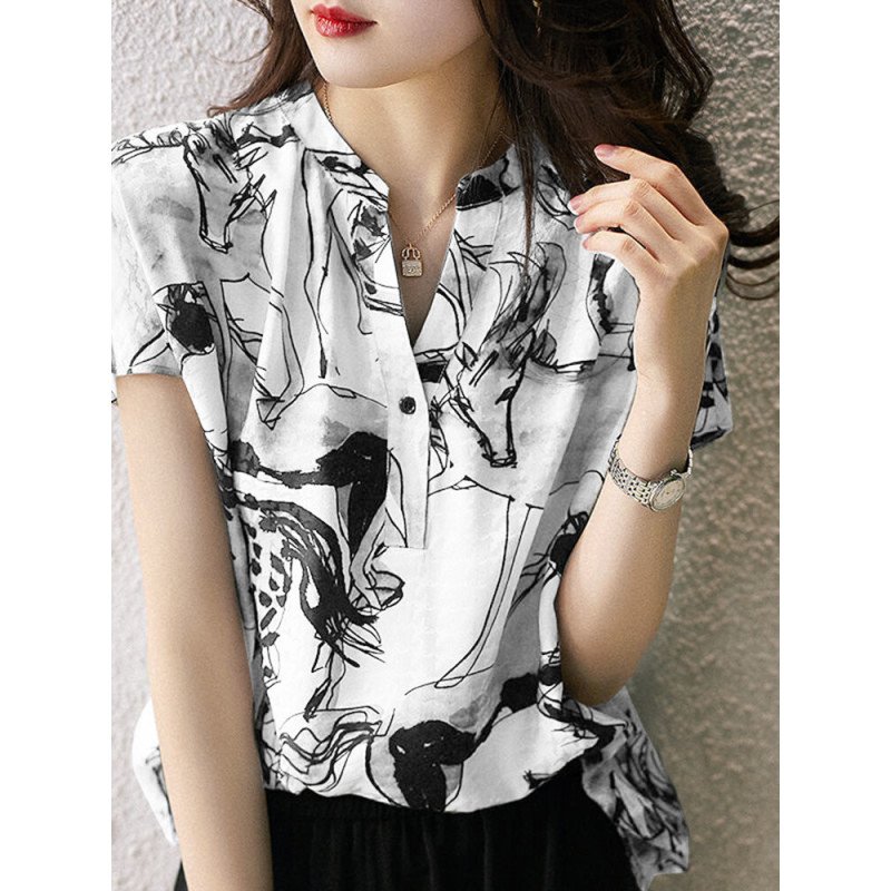 Women Hand Painted Animal Print V-Neck Short Sleeve Blouse